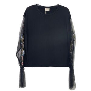 ETWO Black Top  Mesh Embroidered Detail Sleeves, Medium